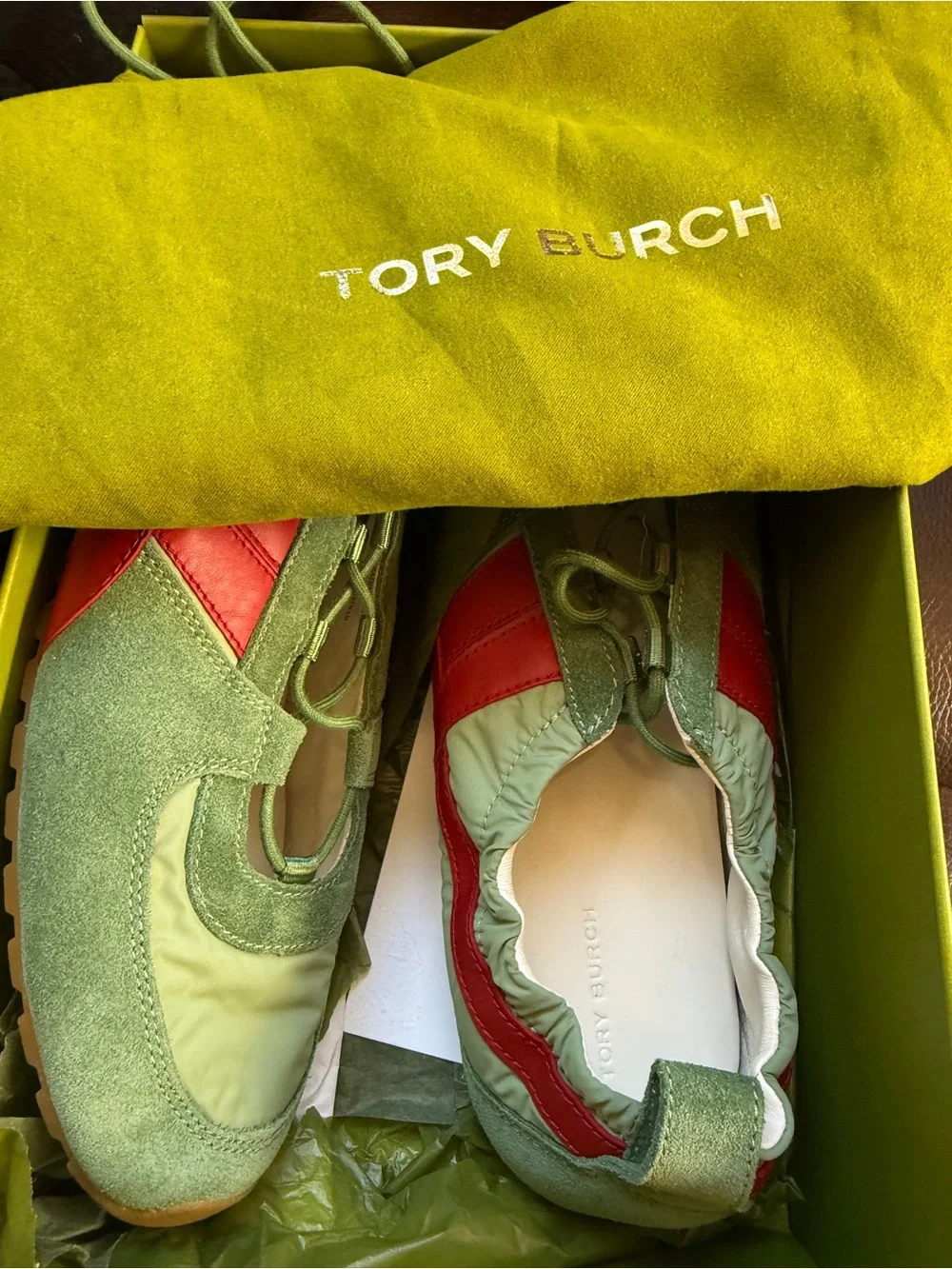 Tory Burch Olive and Tory Red Suede Ballet Sneakers